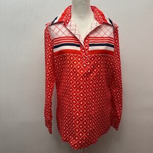 Vintage Aladdin Red Geometric Mod Disco Blouse Button Front Retro Top